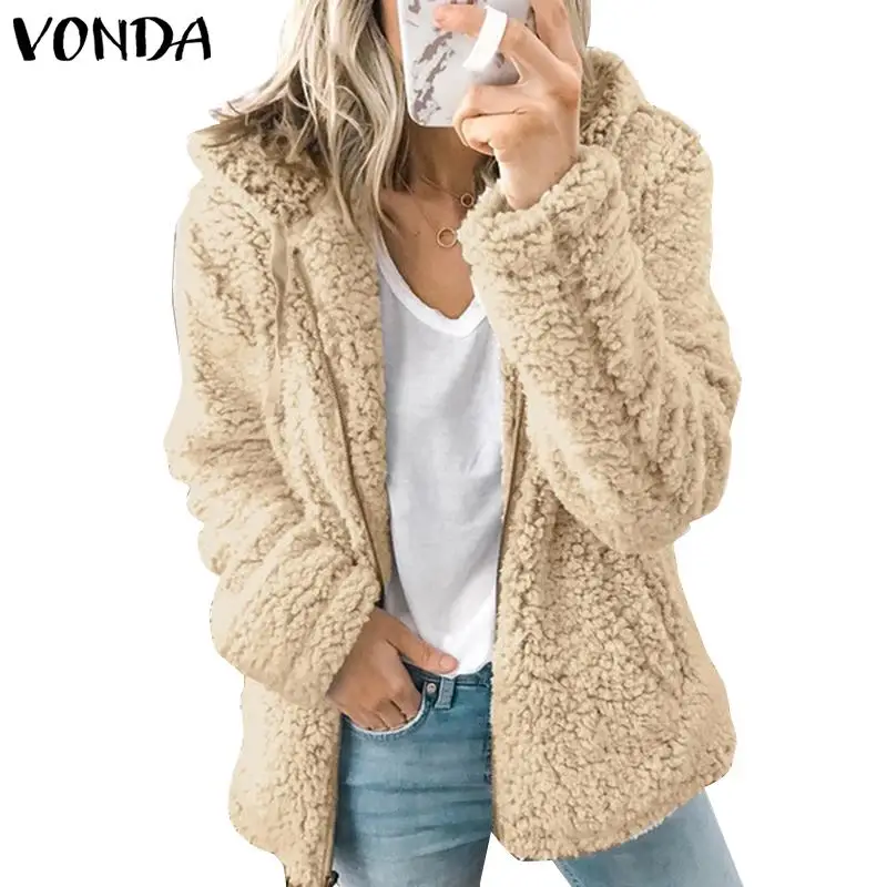 VONDA осенне-зимнее женское пальто из искусственного меха с капюшоном, куртки на молнии с длинным рукавом, плотный флисовый кардиган, пальто размера плюс - Цвет: Khaki