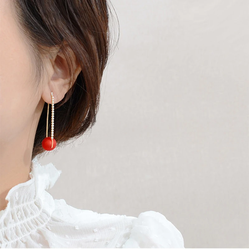 2021 Korean New Luxury Crystal Dangle Earring For Women Pearl Ball Long Tassel Cubic Zirconia Earring Girl Wedding Party Jewelry - Image 5