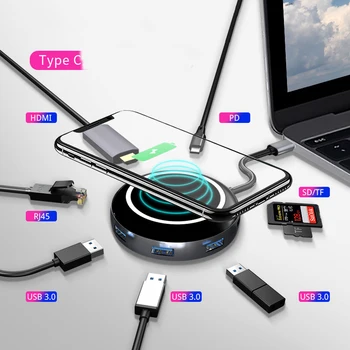 

9 in 1 Qi Wireless Charger Hub USB-C USB 3.1 Type C to USB 3.0 HDMI RJ45 Card Reader PD Charging Adapter for iPhone Mac book