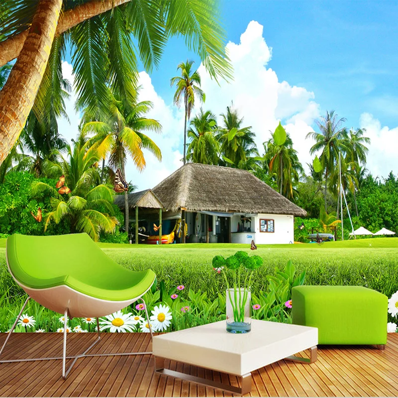 

Drop Shipping Custom 3D Photo Wallpaper Modern Fresh Coconut Tree House 3D Large Mural TV Sofa Background Wall Home Decor Tapety