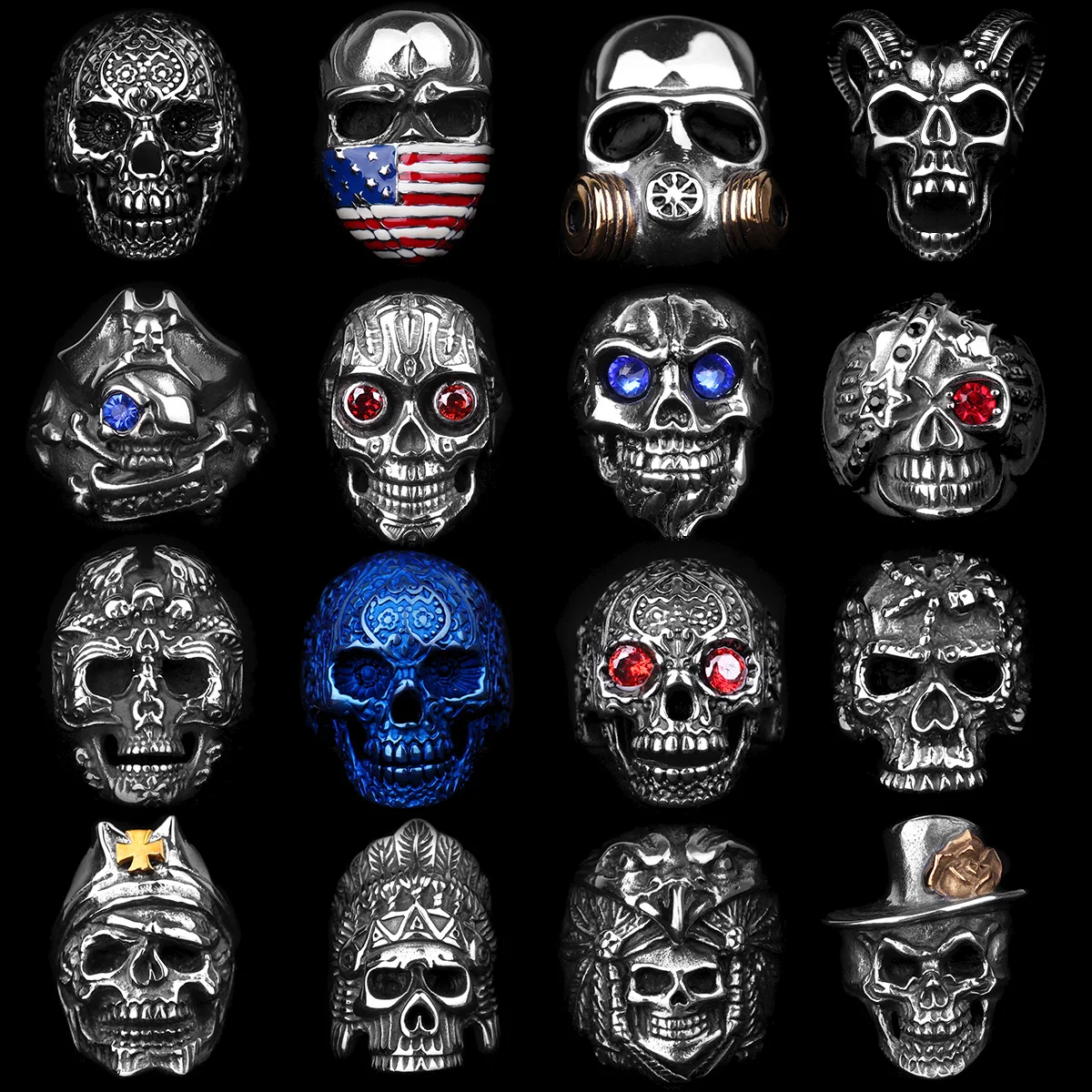 Stainless Steel Men Gothic Skull Head Rings Skeleton Punk Hip Hop Male Boy Jewelry Creativity Gift