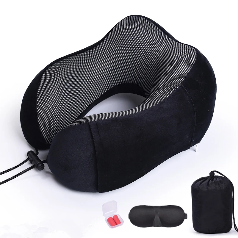 Black Set Подушка для путешествий с эффектом памяти, подушка для шеи и шеи, подушка для самолета, автомобиля, офиса, подушки для сна, u-образная подушка для головы, подушка для поддержки подбородка - Цвет: Black Set