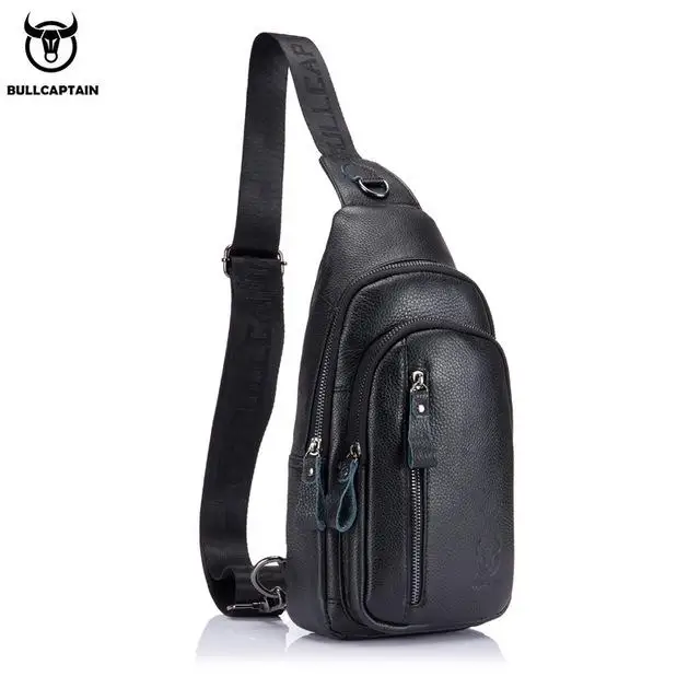 BULLCAPTAIN Fashion Genuine Leather Crossbody Bags Men Brand Small Male Shoulder Bag Casual Men's Music Chest Bags Messenger Bag - Цвет: black
