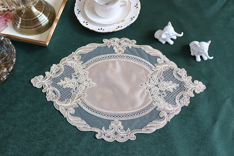 H591d78ad1484483795e7f18d68785f1cV Oval 28x42cm European Luxury Lace Embroidered Restaurant Velvet Placemat Small Balcony Coffee Cup Table Mat Vase Pad Coaster Mallzona