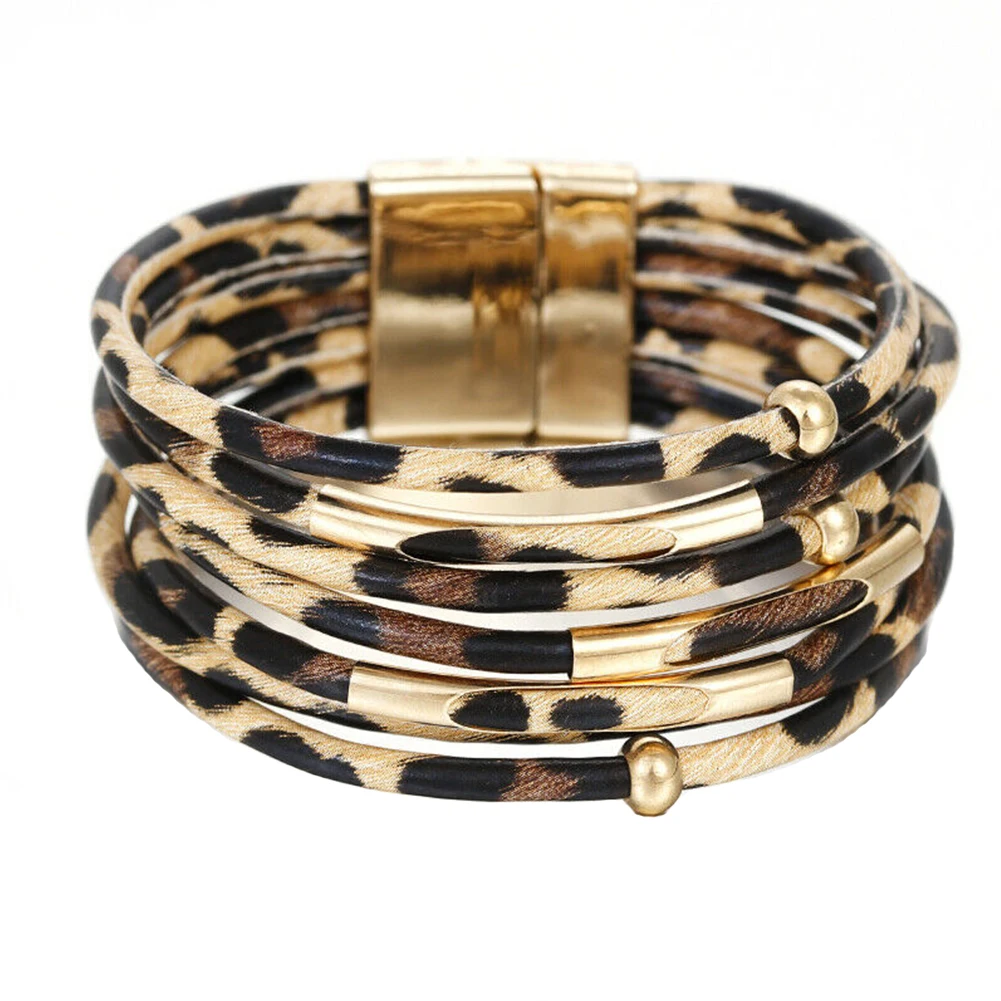 

Shiny Gift Girl Multi Layer Charm Jewelry Magnet Buckle Daily Bangle Beads Tube PU Leather Women Bracelet Fashion Wrap Cuff