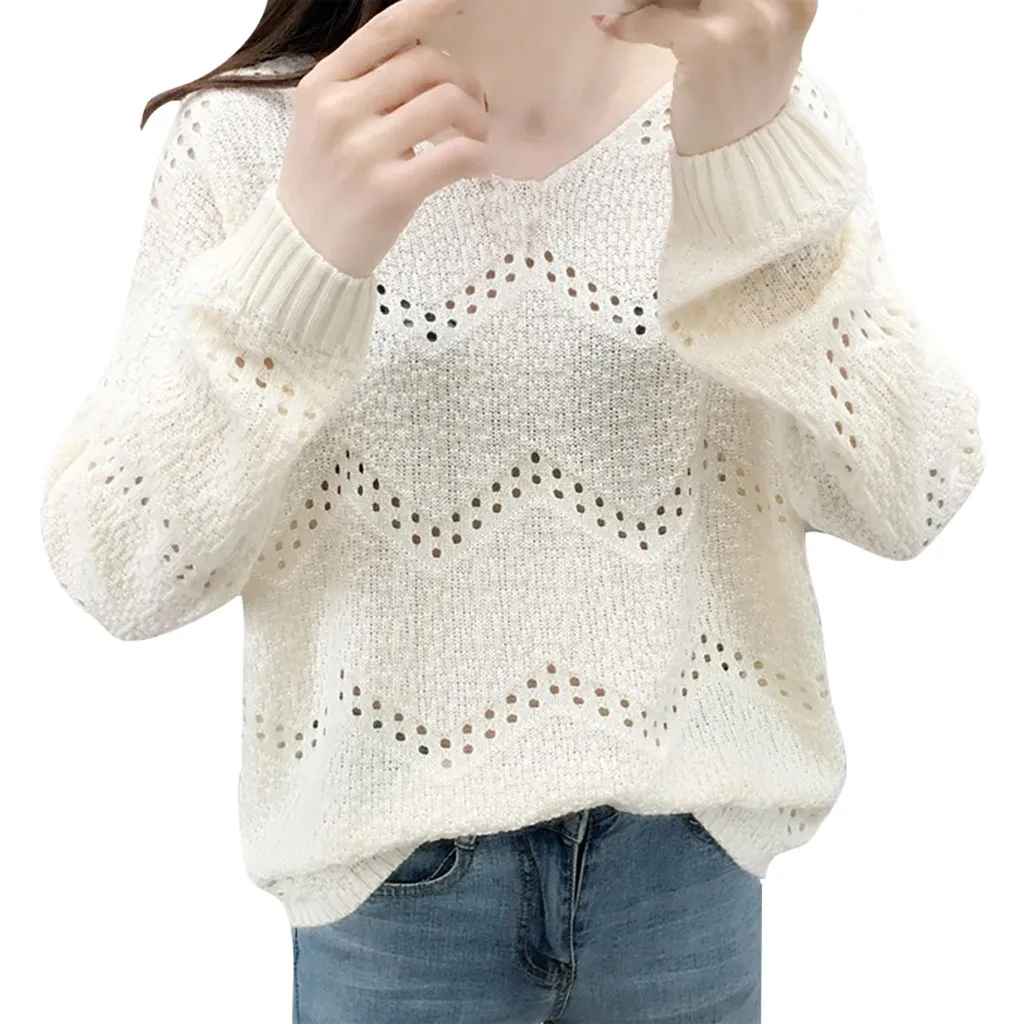 Jaycosin Fashion Women Casual Simple Long Sleeve Knitting V-Neck Sweater Stylish Comfortable Bottoming Hollowed Out Sweater