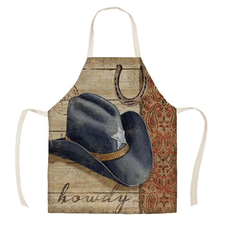 Linen Cowboy Shoes Hat Pattern Print Kitchen Aprons Unisex Dinner Party Cooking Bib Funny Pinafore Cleaning Apron WQC248 - Цвет: WQC24805