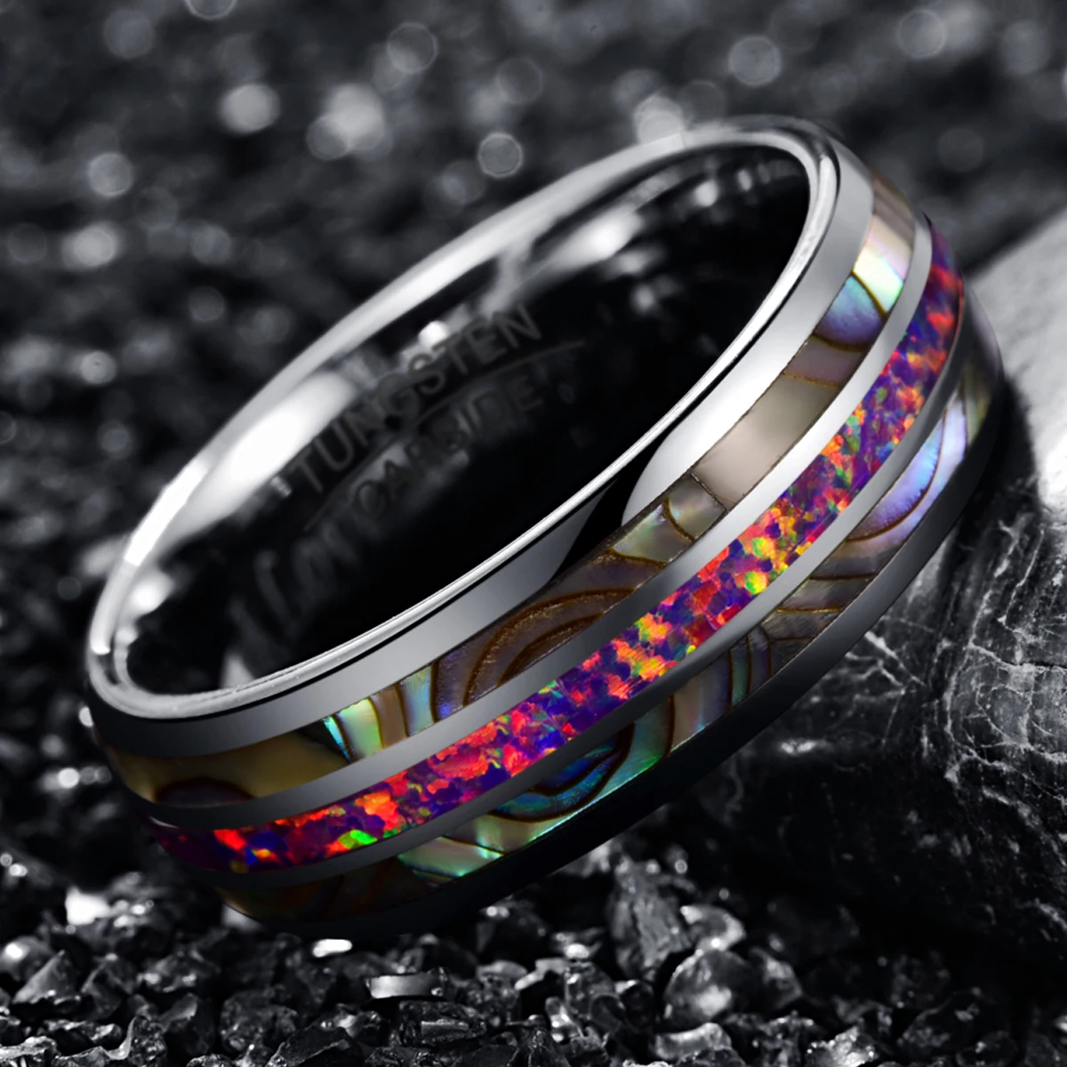 NUNCAD Tungsten Carbide Ring 8mm Wide Dome Steel Inlaid Acacia Purple Color Opal Tungsten Ring