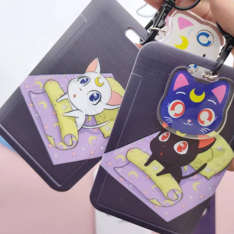 Anime Kawaii Cartoon Moon Cat Lanyard Wristband Credit Card ID Holder Bus Pass Staff Name Tag Badge Holders for Girls