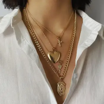 

IngeSight.Z Multi Layer Love Heart Face Choker Necklace Collar Punk Crystal Cross Rose Flower Pendant Necklace for Women Jewelry