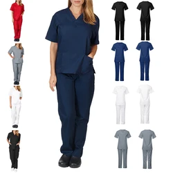 Women Men Workwear Short Sleeve V-neck Tops+Pants Nursing Working Uniform Suit Scrub Uniform Overalls Clothes Medical Uniforms