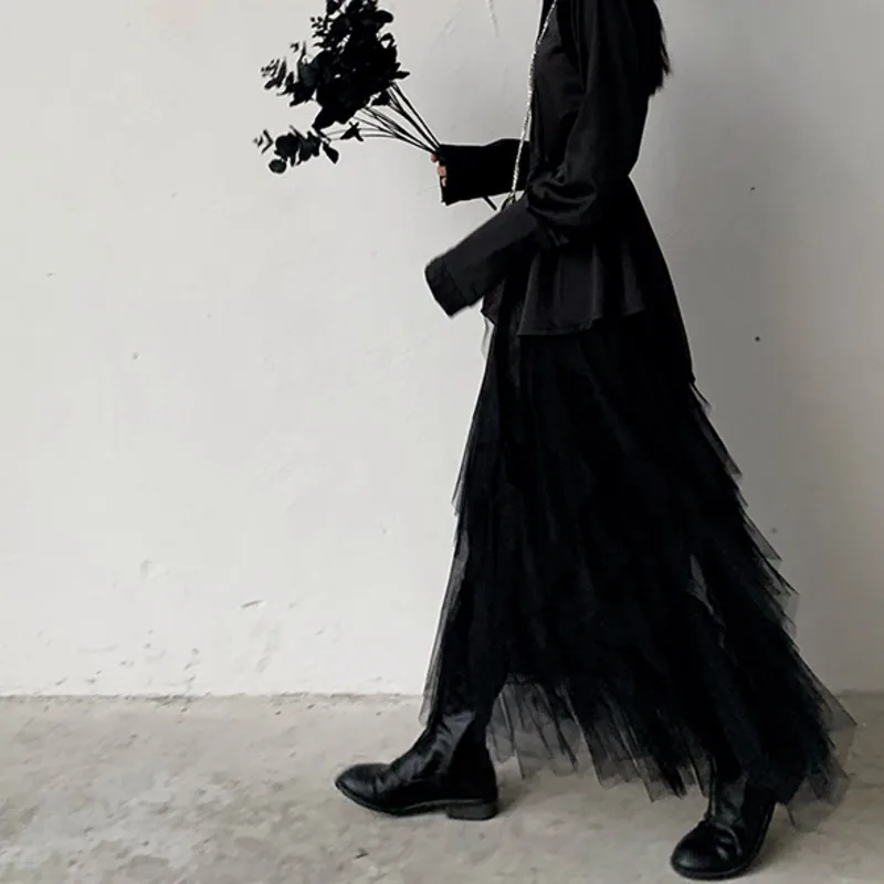 New Fashion Spring Personality Pleated Long Skirt High Waist Network Sand Black Skirts Womens ZA2416