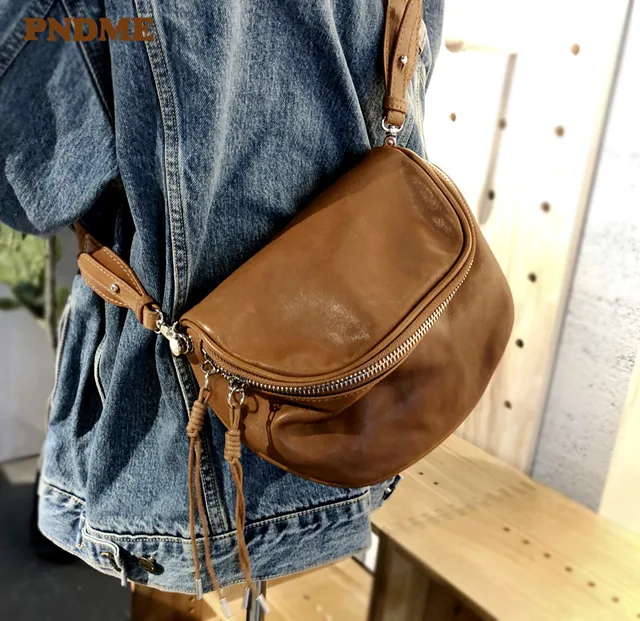 PNDME fashion retro genuine leather ladies chest bag casual high quality luxury designer cowhide women's shoulder crossbody bag 1