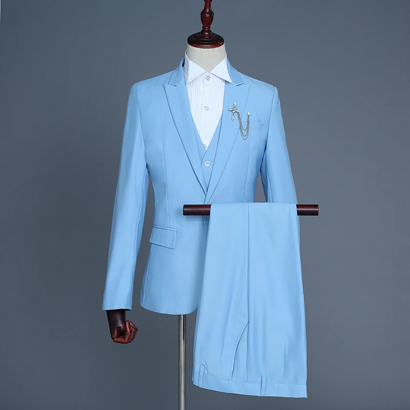 Модный корейский Тонкий шелковый деловой мужской костюм, Свадебный вечерний костюм из 3 предметов(пиджак+ жилет+ брюки - Color: sky blue as picture