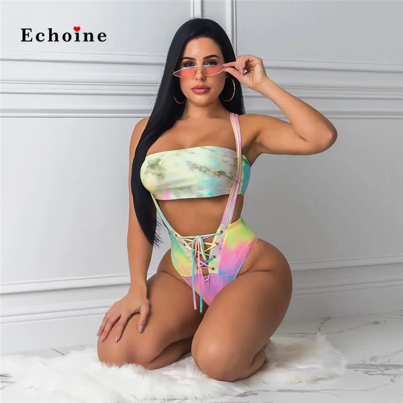 

Echoine Women Two Piece Set Strapless Halter Bandage Lace Up Tie-Dye Print Bikini Set Briefs Suits Elastic Swimsuits Sportswear