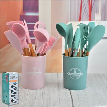 

2 Colors 12Pcs Silicone Cooking Utensils Set Wooden Handle Silica Gel Non-stick Spatula Shovel Kitchen Tool Bake Suit