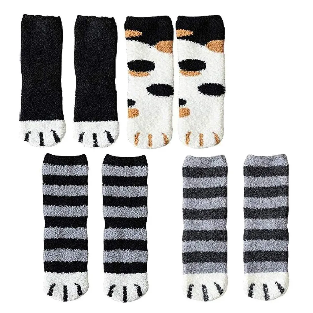 4 шт., Женская симпатичная кошачья лапа, коралловые утолщенные пушистые носки средней длины, теплые носки для сна, женские носки# YJ - Цвет: B