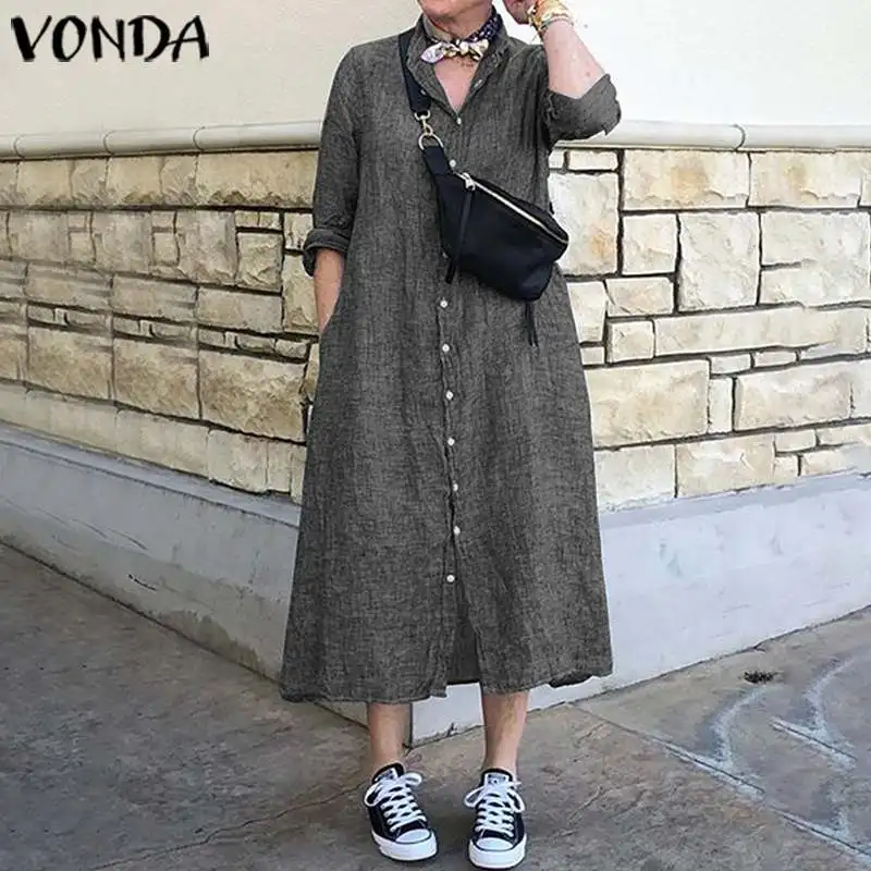 VONDA женское повседневное длинное платье-рубашка винтажное женское Макси длинное платье плюс размер Кнопка сарафан-туника пляжные вечерние свободные платья