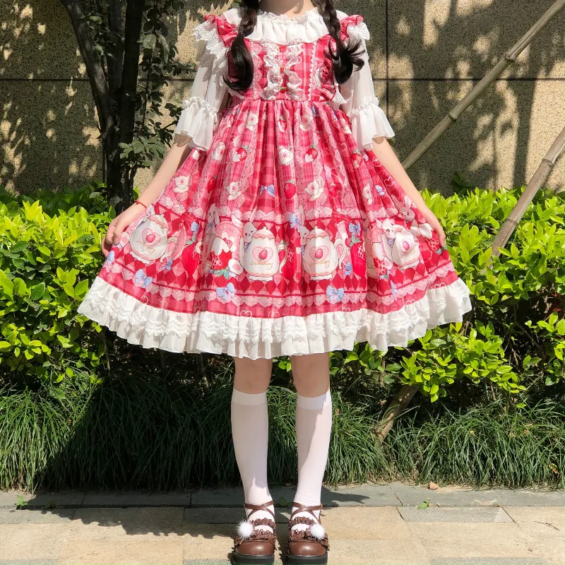 Princess Lolita Strap Dress Vintage Lace Bowknot Strawberry High Waist Victorian Dress Kawaii Girl Gothic Lolita