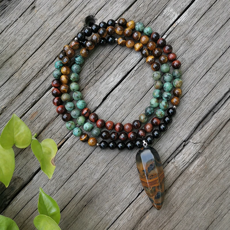 8mm Natural Stone Bead,African Turquoise,Tigers Eye,Awaken,JapaMala Set,Spiritual Jewelry,Meditation,Inspirational,108 Mala Bead