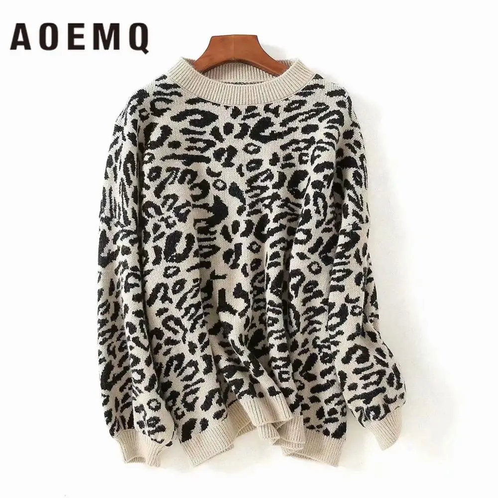 

AOEMQ Punk Fashion Sweaters 3 Colors Cow Pattern Print Wind Leopard Winter Sweaters O-Neck Crazy Animal Day Women Clothing