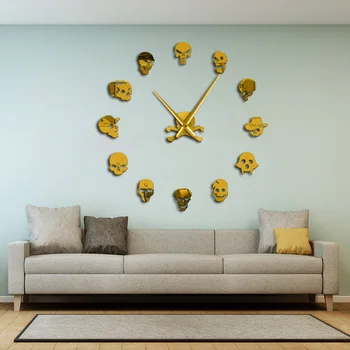 

Skull Heads DIY Horror Wall Art Giant Wall Clock Big Needle Frameless Zombie Heads Large Wall Watch Halloween Decor