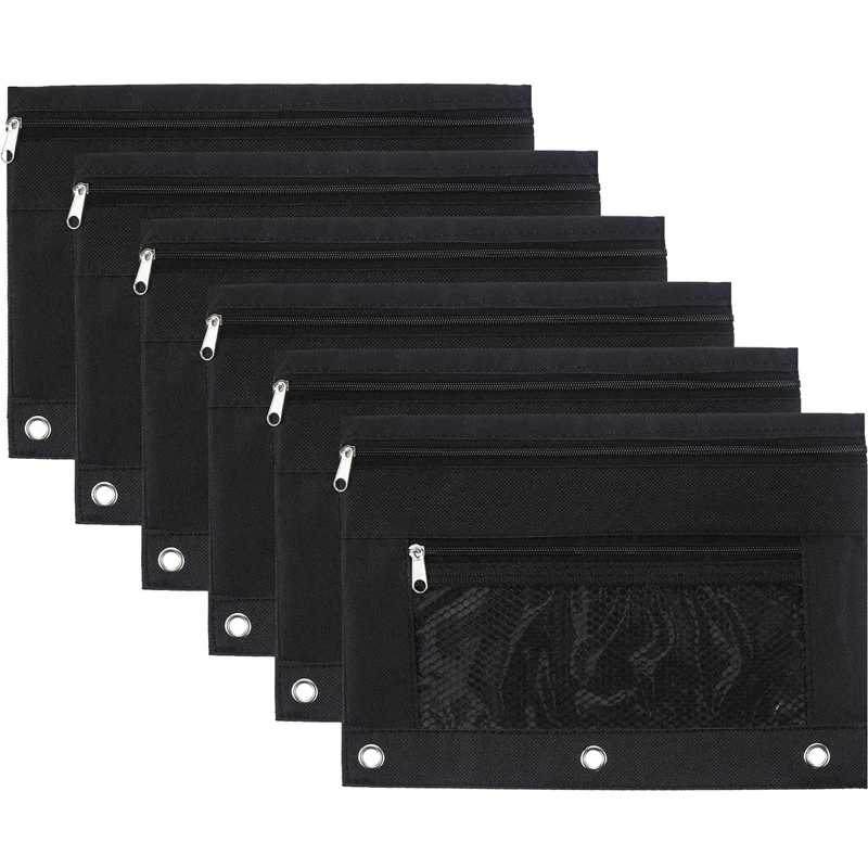 

6Pcs 3 Hole Pencil Bag Zipper Pencil Case with Mesh Window Double Zipper Black