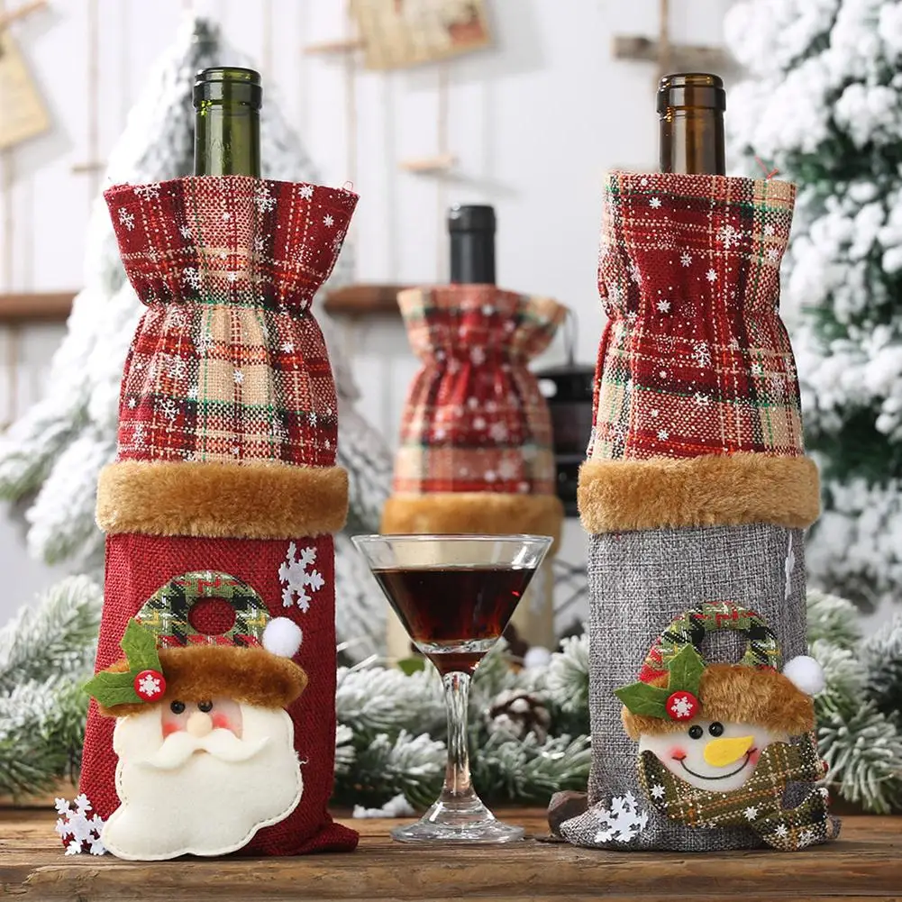 Милая Рождественская бутылка вина, льняная ткань, снеговик, лось, мешок Санта-Клауса бутылочные крышки, вечерние украшения для дома, рождественские украшения