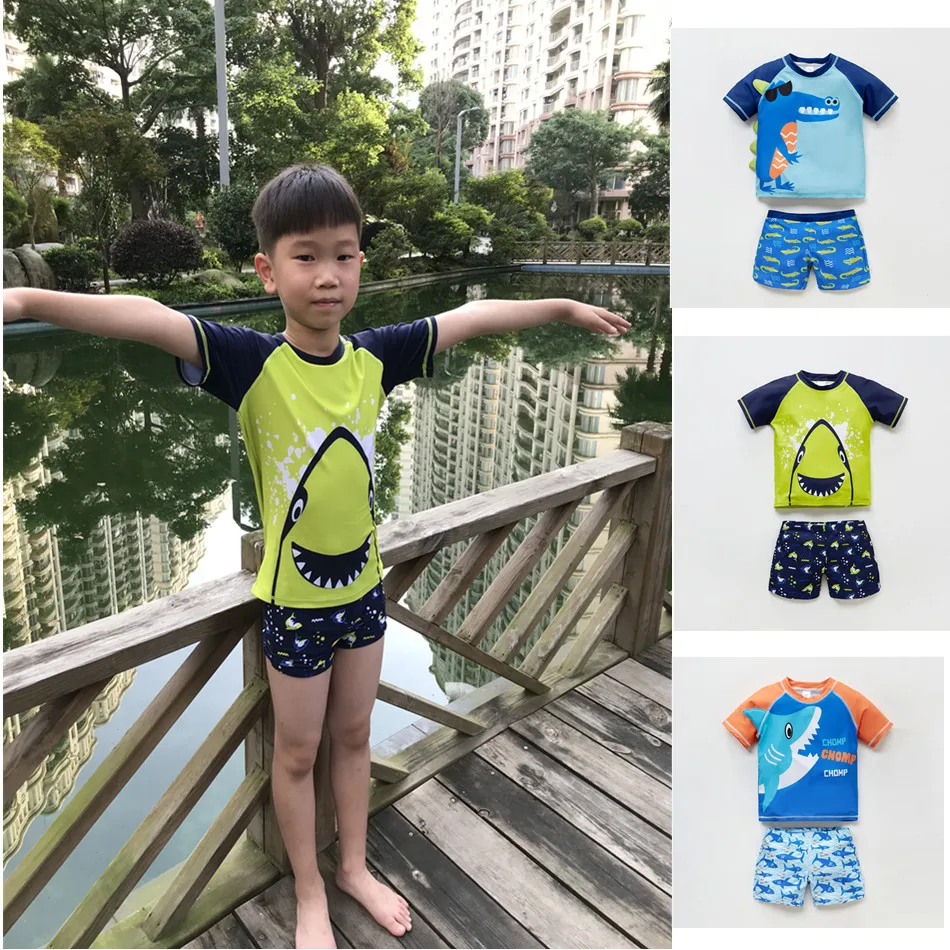 

Baby Boy Swimwear Beachwear 1-8Years 2020 Summer Yellow Short Sleeve Kids Toddler Infant Shark Cartoon Boy's Swimsuit