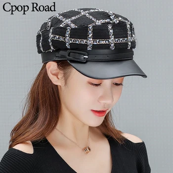 

Cpop 2 Color Ployester Fiber PU Visors Hat Fashion High Quality Lattice Stripe Winter Casual Personality Women Hat Hot Sale Gift