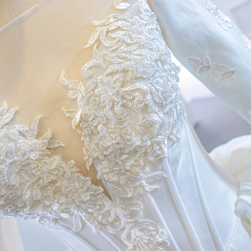 J67177 JANCEMBER Wedding Dresses 2020 Long Sleeve Satin Applique Removable Train O Neck Lace Elegant White 6
