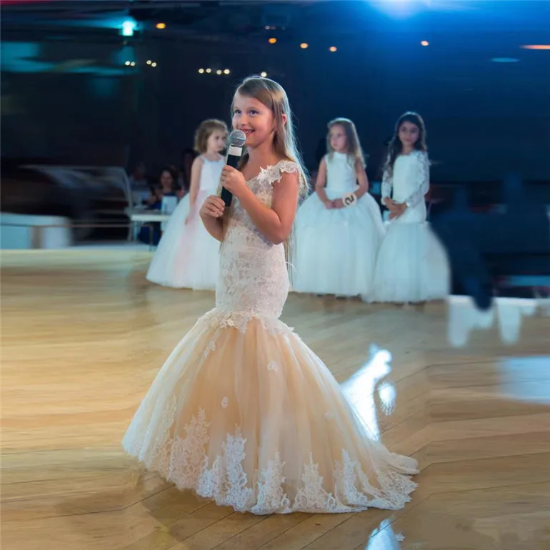 New Champagne Mermaid Flower Girl Dresses for Weddings White Lace Up Back Little Girls Pageant Gowns for Special Occasion