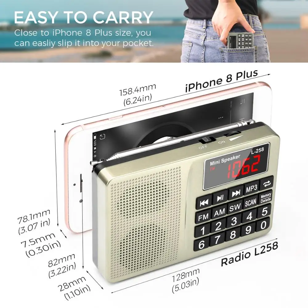 Prunus L-258SW Radio portatile Sw/FM/Am /SD/TF/USB MP3 con altoparlante（Ojo: No se Puede memorizar Las emisoras manualmente） 0-64 GB MW 