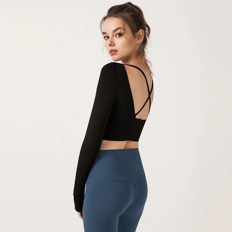 

2018 Autumn And Winter New Style Yoga Long-sleeved T-shirt Women's Back Cross Sports Fitness Suit Long-sleeved T-shirt Women's w