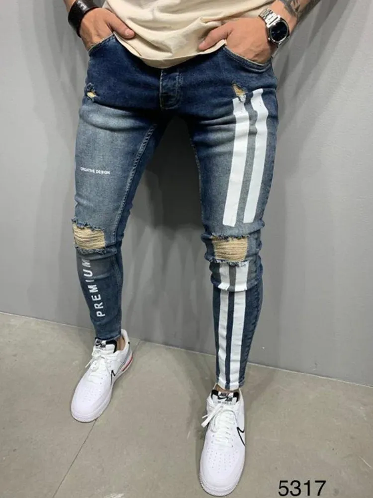 Biker Ripped Jeans Men Skinny Striped Zipper Denim Hole Wash