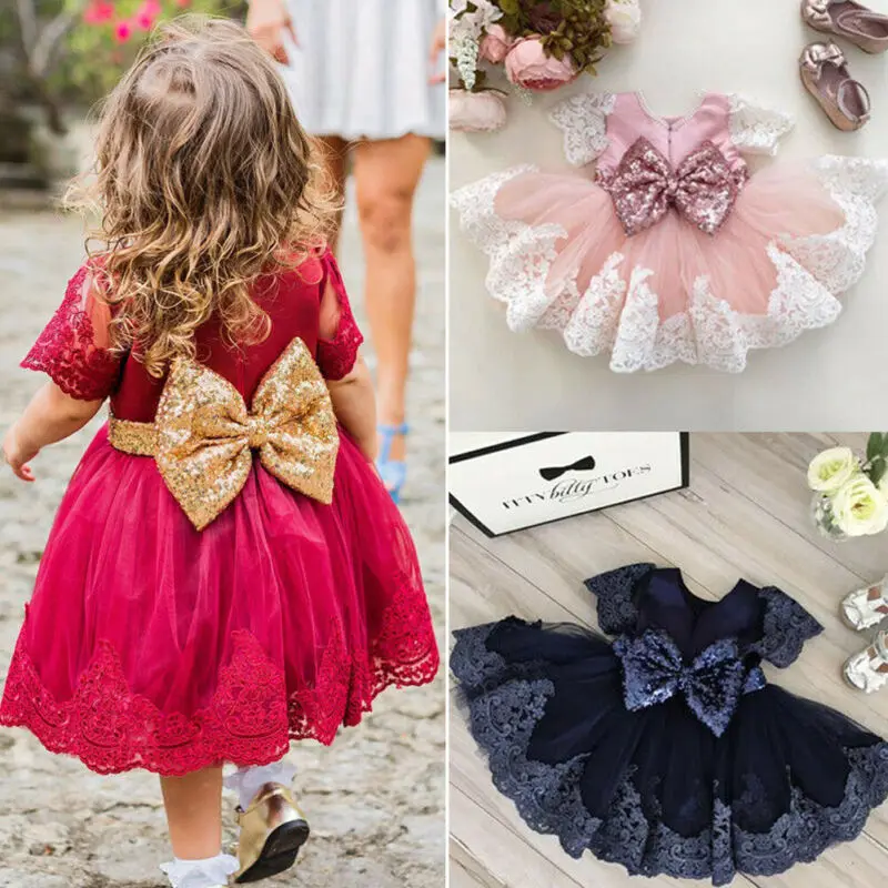 

0-7Y Toddler Kid Baby Girl Party Bow Tutu Dress Floral Print Lace Wedding Bridesmaid Dress Princess