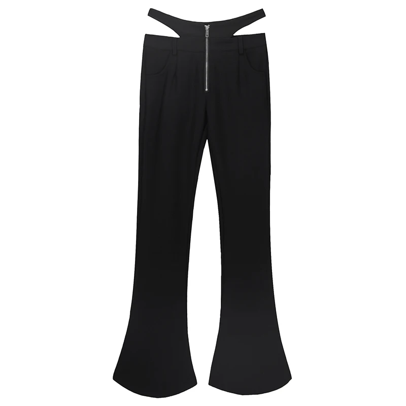 2022 Flare Pants E Girl Style Sexy Hollow Out Strechy Zippers Trousers Women High Waist Harajuku Black Wide Leg Pants Spring