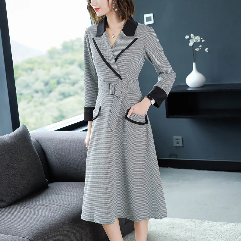 

Thousand Birds Grid Dress 2020 Long Sleeve Suit Collar Slim Fit Waist Display Thin And Small Zhongzhong Super Small
