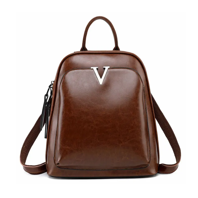 

New Women's Backpack Leather Oil Wax Leather Retro Student Bag Fashion Personality Solid Color Backpack Creative Computer Bag