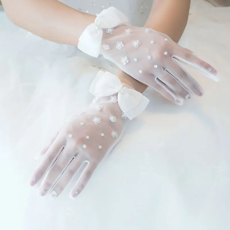 Простые короткие весенние летние сетчатые тонкие перчатки с искусственным жемчугом и бантом Новое свадебное платье невесты перчатки шнур