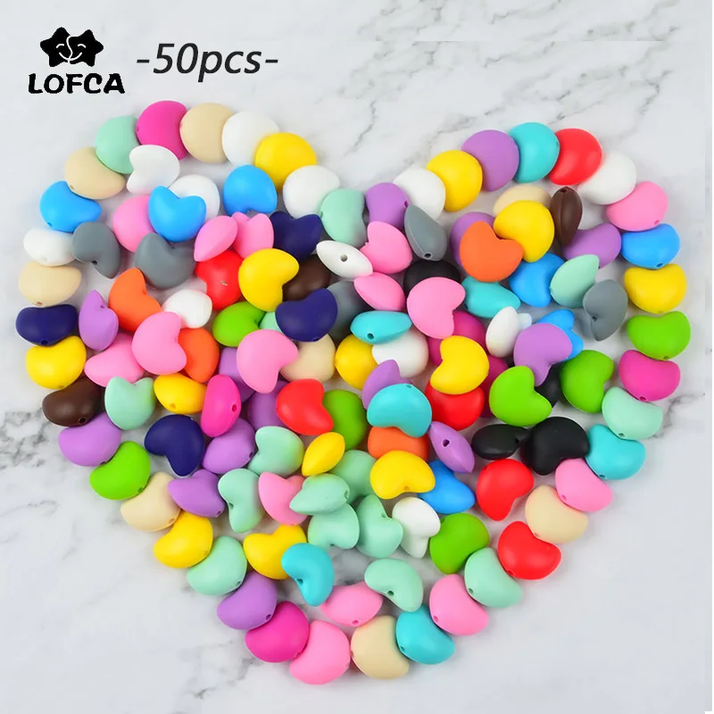 

LOFCA Silicone Beads Heart Shaped 50pcs/lot Baby Teether Food Grade Silicone Loose Beads DIY Pacifier Chain Clip Necklaces Toy
