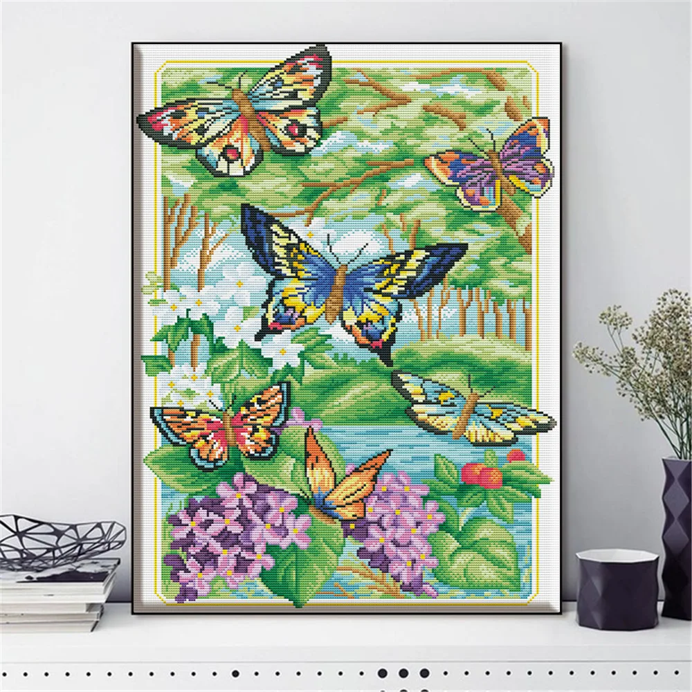 

HUACAN Embroidery Cross Stitch Butterfly Animal Needlework Sets For Full Kits White Canvas DIY Home Decor 14CT 40x50cm