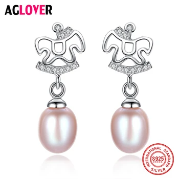 

AGLOVER New 100% 925 Sterling Silver Horse Earrings 9MM Natural Freshwater Pearl Earrings Pearl Jewelry Wedding Women Gift