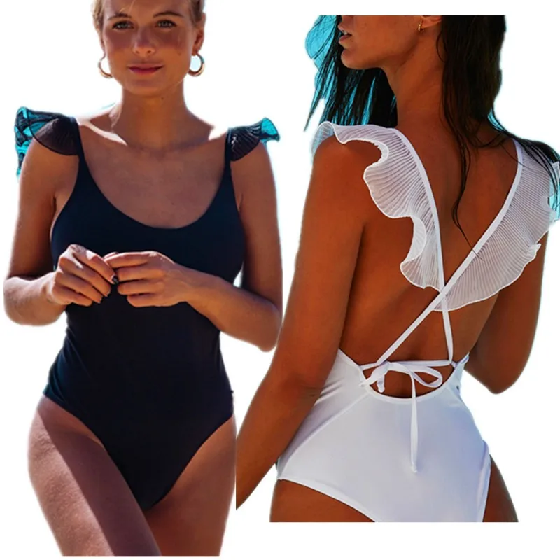 Сексуальное Женское боди без рукавов с открытой спиной и оборками, дизайнерский бандажный пляжный комбинезон, модный однотонный облегающий купальник в стиле пэчворк