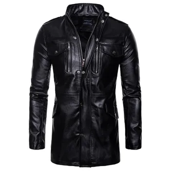 

New Autumn Motorcycle Leather Jacket Men Long Windbreaker Coat High quality PU Leather Jacket Male Multi-Pocket Leather Jacket