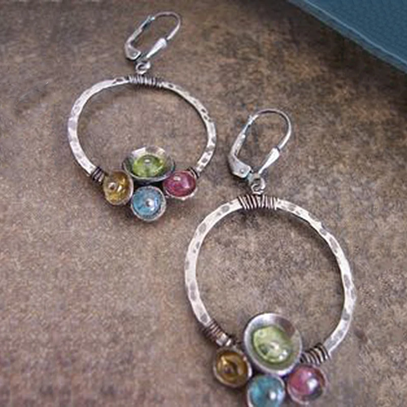 

Vintage Antique Silver Color Earrings Charm Pendant Bohemian Punk Colorful Beaded Hollow Round Drop Earrings Cute Jewelry C3D257