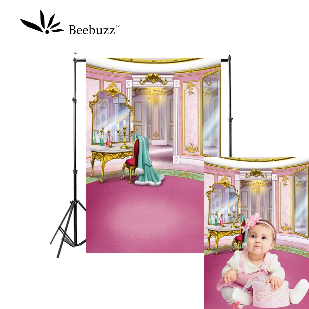 

Girl's cartoon room background Child and baby photography photophone bedroom Pink walls and rugs dressing table Wardrobe mirror