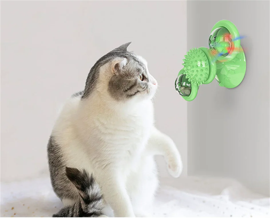 flippy fish cat toy Funny Cat Toy Spinning Windmill with LED Ball ＆Catnip Scratch Hair Brush Intelligence Training Suction Cup Cats Spinner Toy interactive cat toys