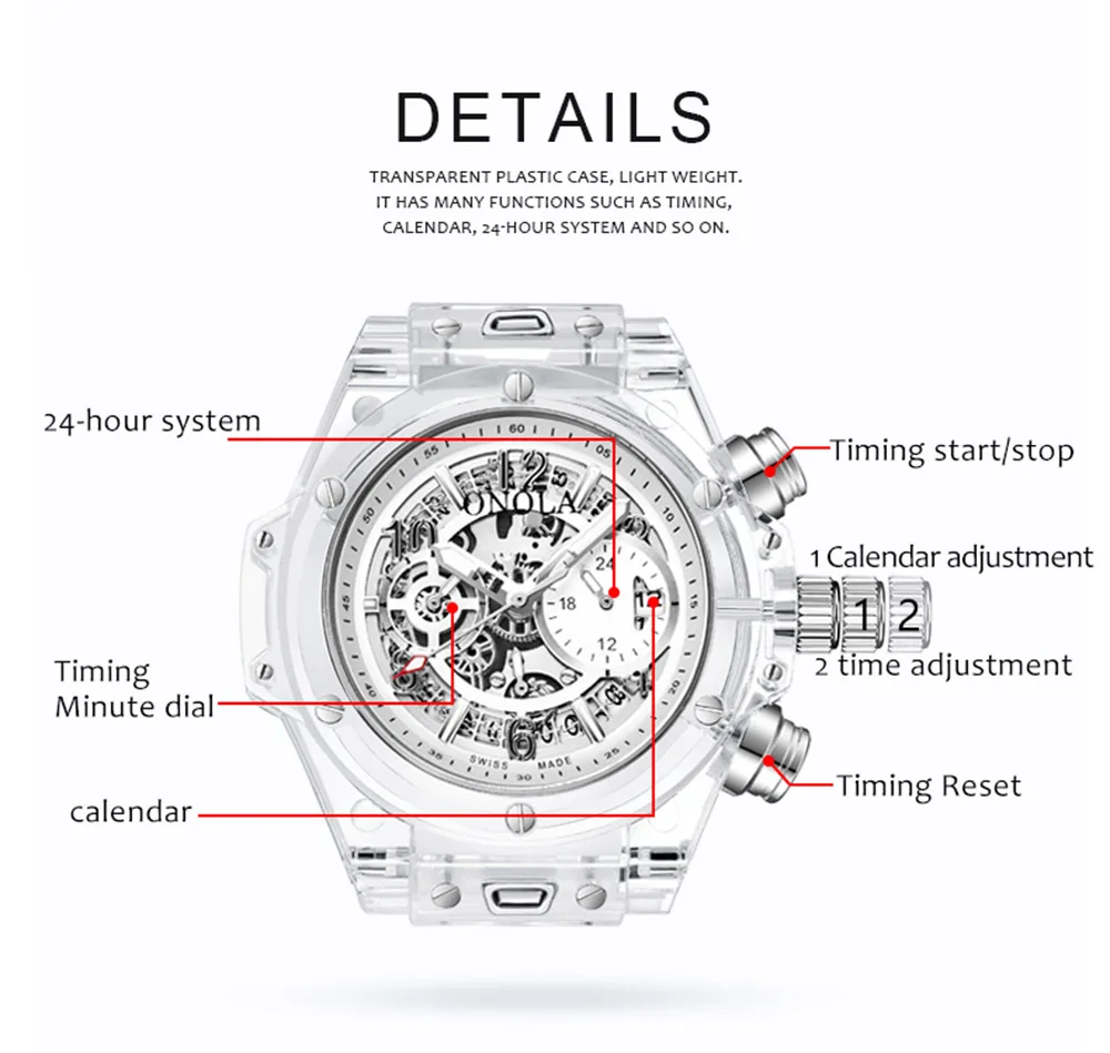 ONOLA фирменные прозрачные Модные мужские повседневные часы 2019 хронограф пластиковые кварцевые женские наручные часы мужской Relogio masculino