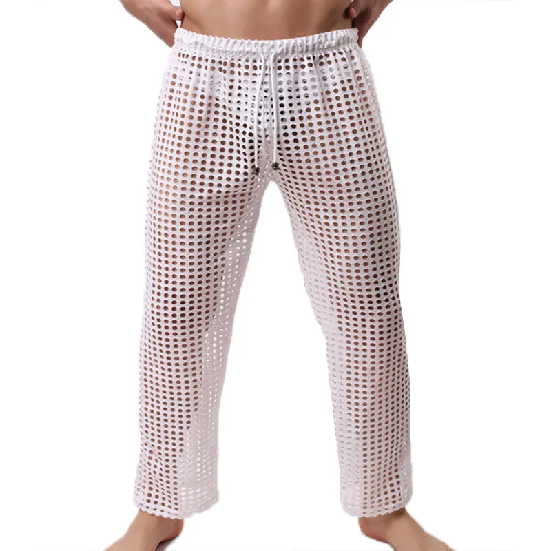 Men Pyjamas Trousers Mesh Home Pants Fishnet Transparent Casual Breathable Homewear Lacing Sexy Sleep Bottoms Loose Lounge Pants